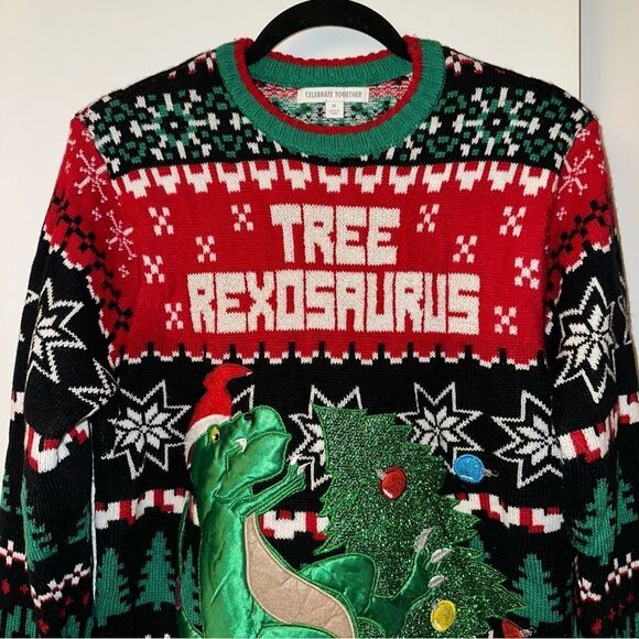 Celebrate Together Medium T-Rex Dinosaur Tree Ugly Christmas Sweater Unisex EUC - Picture 3 of 12